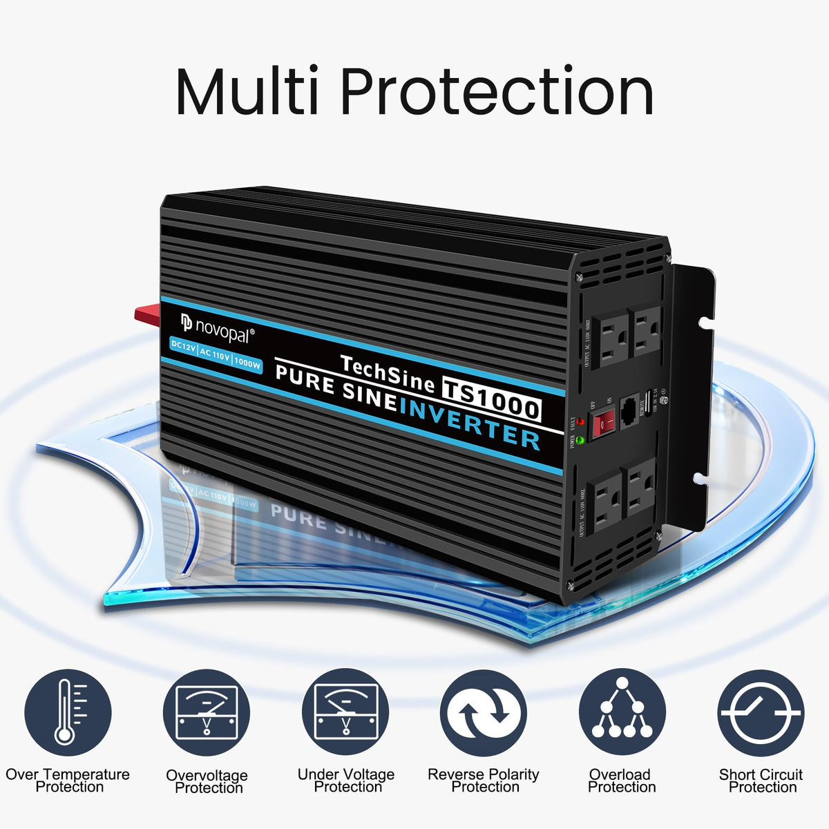 NOVOPAL 1000W Pure Sine Wave Power Inverter 1000 Watt 12V DC to 110V 120V AC,4 AC Outlets, 1 x USB Ports for Off-Grid Solar Car RV Truck Boat with 16FT Wired Remote