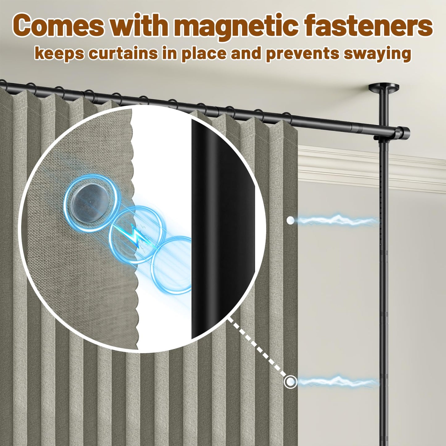 AJAZZ Privacy Curtains for Room Divider with Blackout & Soundproof (2 Panels, Grey, W100 x L96 in)+ No Drill Curtain Rods(H) 43-120×(W) 35-200 in, Wall Divider for Bedroom/Studio/Office Curtain
