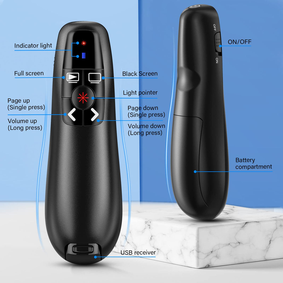 NinjaABXY Presentation Clicker Wireless Presenter Remote Clicker for PowerPoint Presentation, RF 2.4GHz USB PowerPoint Clicker Slide Advancer with Volume Control for Computer/Laptop/Mac