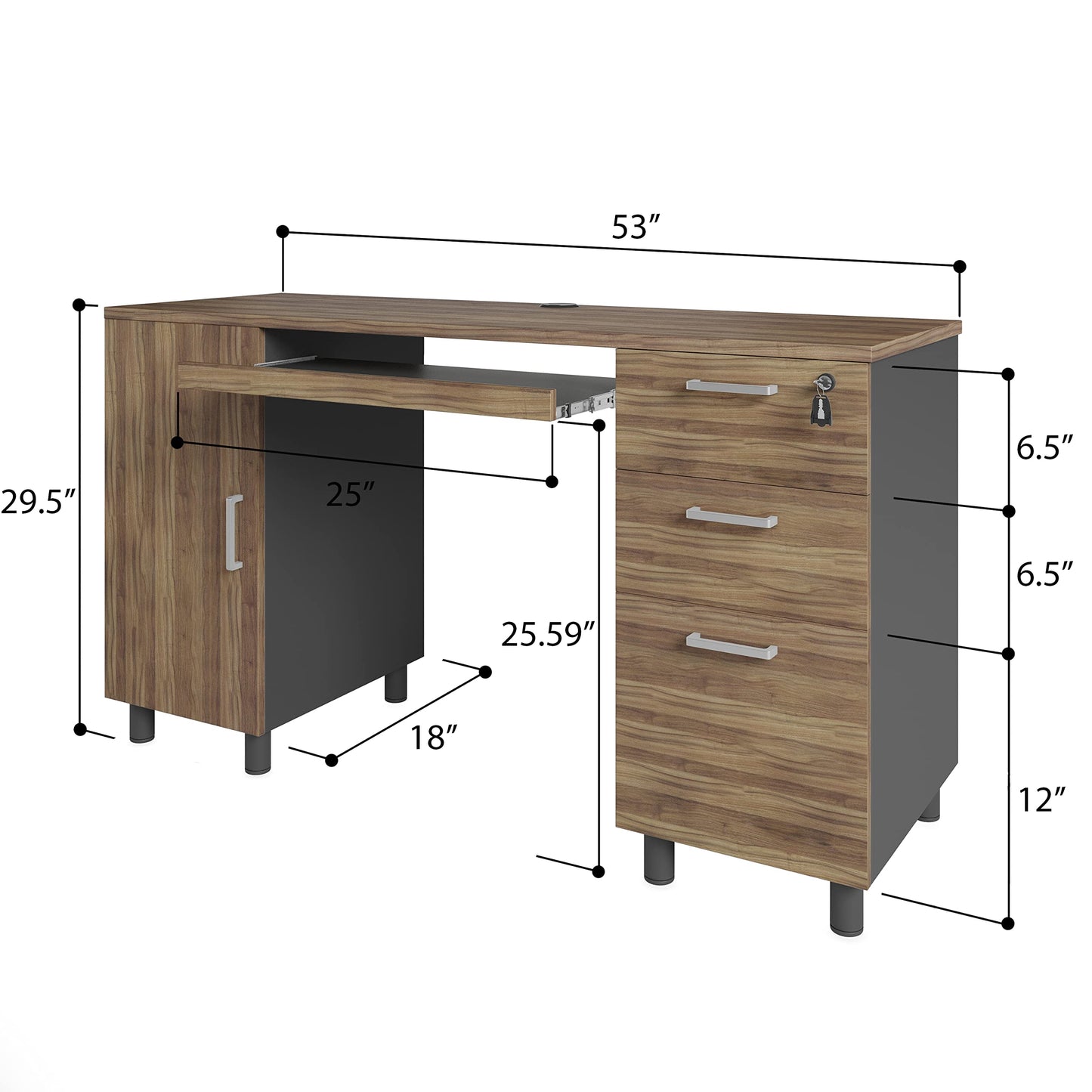 Modern Design Venice Computer Desk with Lockable Drawers, 53 Inch Home Office Desk with Storage Cabinet, Keyboard Tray & Cable Management, Modern Study Writing Desk for Small Spaces, Walnut and Black
