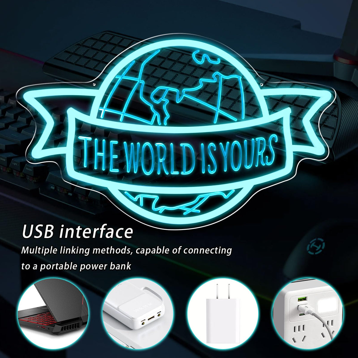 The World Is Yours Neon Sign Motivational Blue LED Neon Light for Classroom, Bedroom Man Cave Wall Decor Dimmable, Unique Birthday Christmas Gift for Kids, Teens, Adults