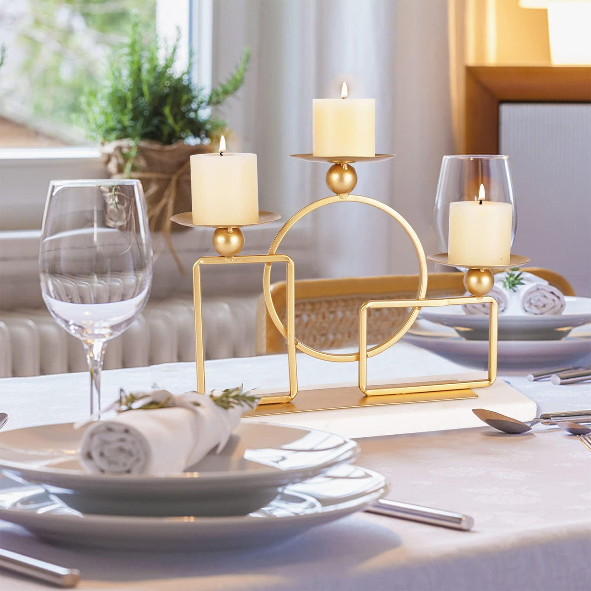 Gold Candle Holders for Pillar Candles with Marble Base 3 Arms Metal Candelabra Candle Holders Gold Home Decoration Elegant Candle Stand for Table Centerpieces,Fireplace,Anniversary