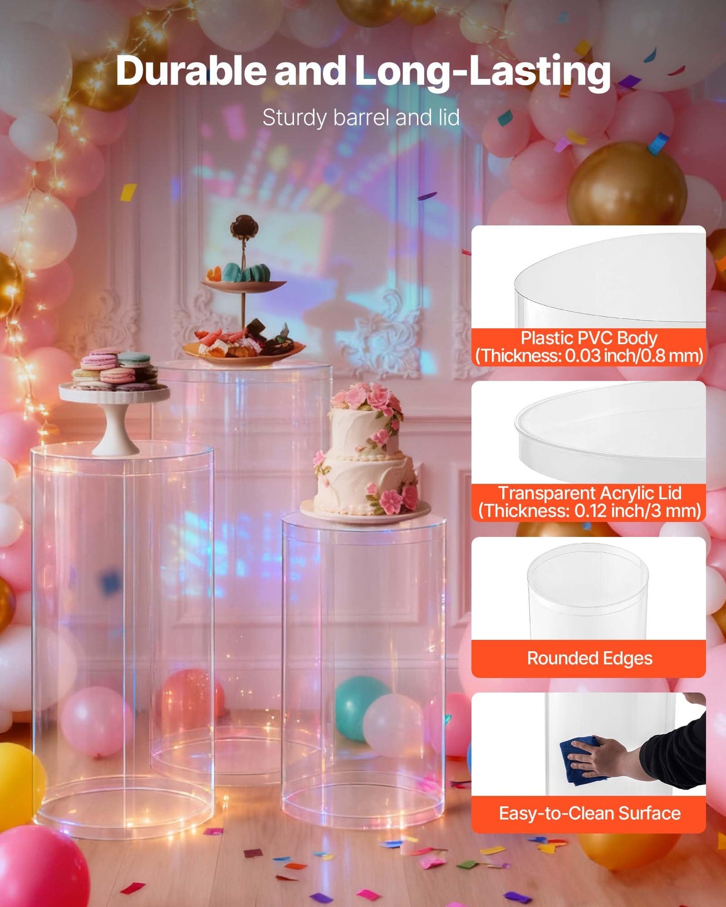 VEVOR Wedding Flower Stand, 3PCS 23.62/29.53/35.43 inch Round Cylinder Plinth, Clear Pedestal Stand with Transparent Acrylic Lid, Cylindrical Pedestal Stands for Wedding, Party, Birthday, Art Decor