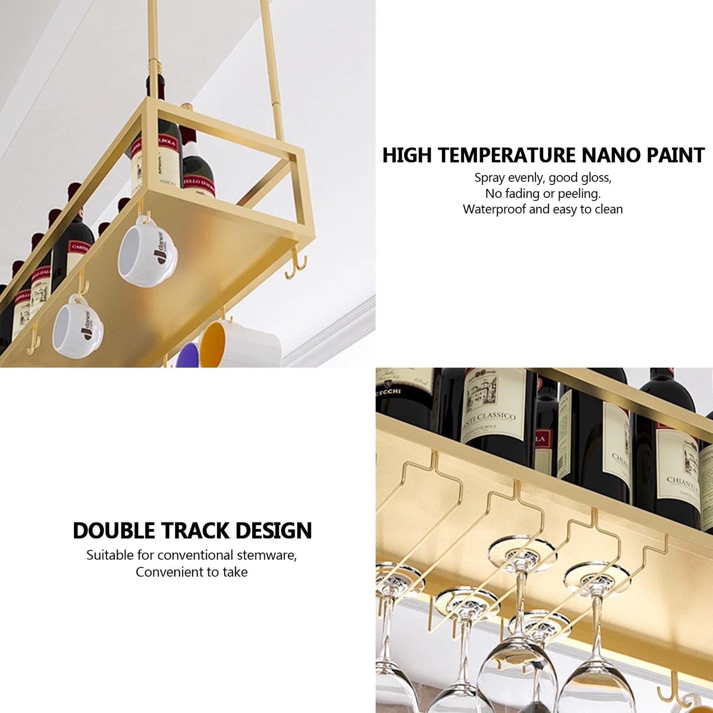 GYRHNNP Modern Metal Hanging Cafe Wine Bottles Racks, Ceiling Shelf Wine Racks for Home Bar Display, Floating Storage Shelves Wine Cups Hanging Rack, wall Mounted Wine Bottle Glass Holder.