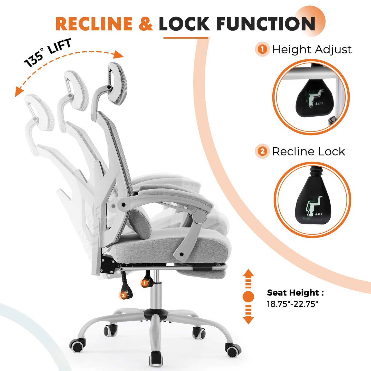 Sweetcrispy Office Computer Desk Chair with Footrest,Ergonomic High-Back Mesh Rolling Work Swivel Chairs with Wheels,Comfortable Lumbar Support,Comfy Arms for Home,Bedroom,Study,Student,Light Grey