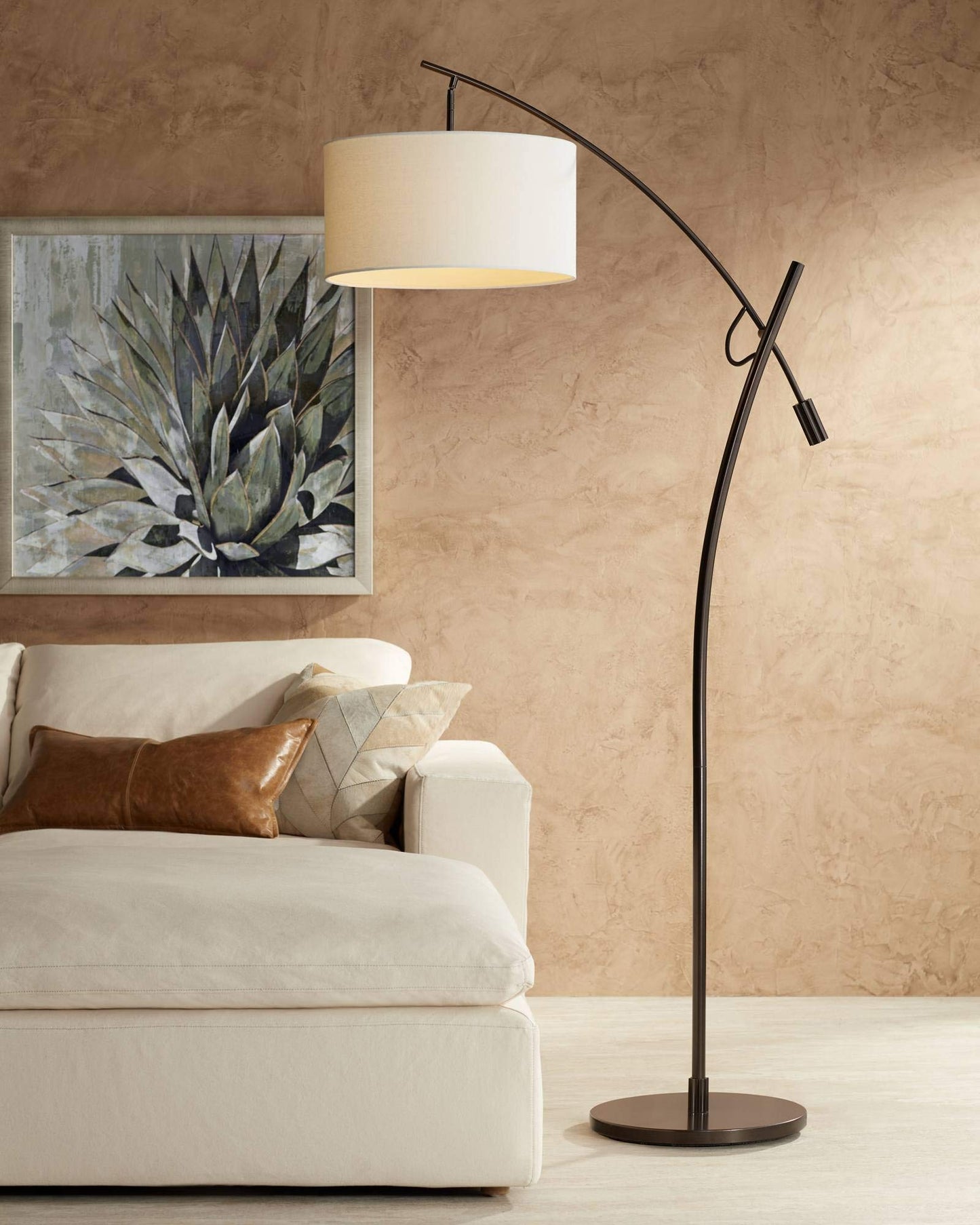 Possini Euro Design Raymond Modern Arched Floor Lamp Standing 69" Tall Bronze Brown Metal Slim Profile Off-White Linen Drum Shade Adjustable Boom Arm for Living Room Reading House Family Bedroom