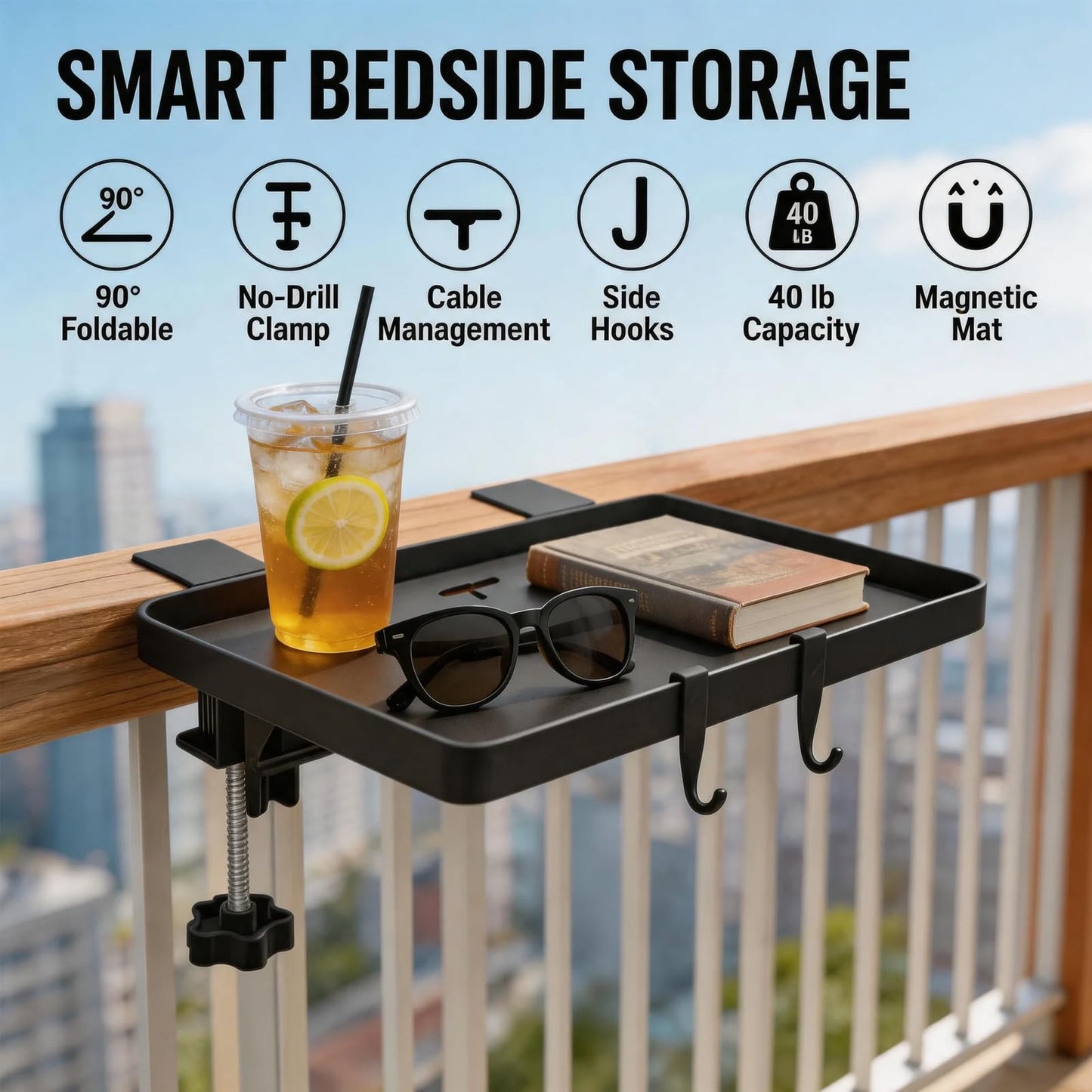 HLiikuikin Bed Shelf Clip-On, Sturdy Bedside Shelf Table Tray, Foldable Bed Side Organizer for Dorm Loft Bedroom（Black）
