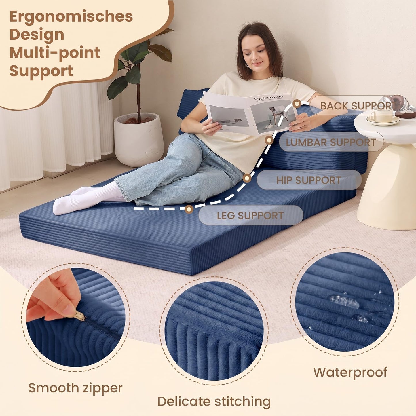 JUIKURY Folding Sofa Bed, Convertible Sleeper Chair with Pilow Foldable Matress, 2 in 1 Pull Out Loveseat Sofa Portable Fold Out Chair Bed Floor Couch Lounge for Living Room (Blue, Full)