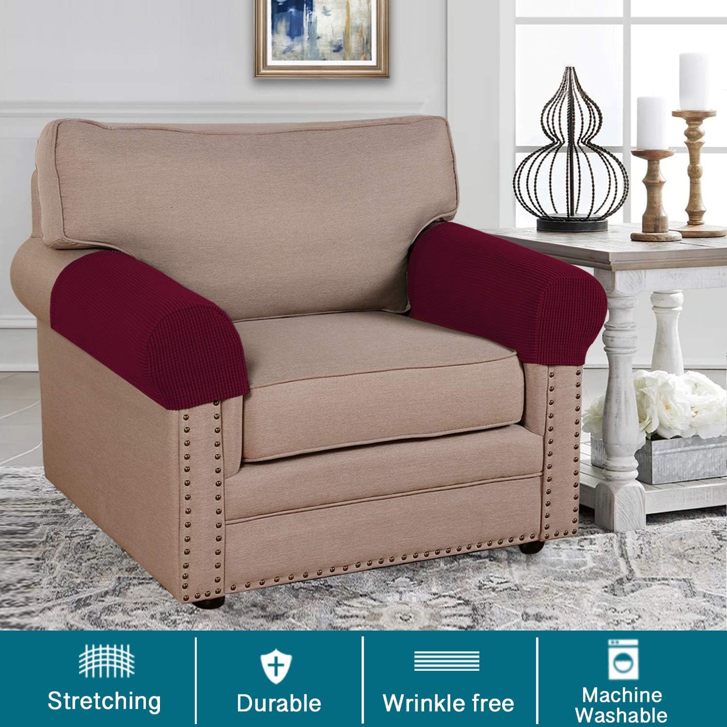 Turquoize Stretch Armrest Covers for Chairs and Sofas Couch Arm Covers for Sofa Spandex Jacquard Armrest Cover Anti-Slip Furniture Protector Armchair Slipcovers for Recliner Set of 2,Burgundy