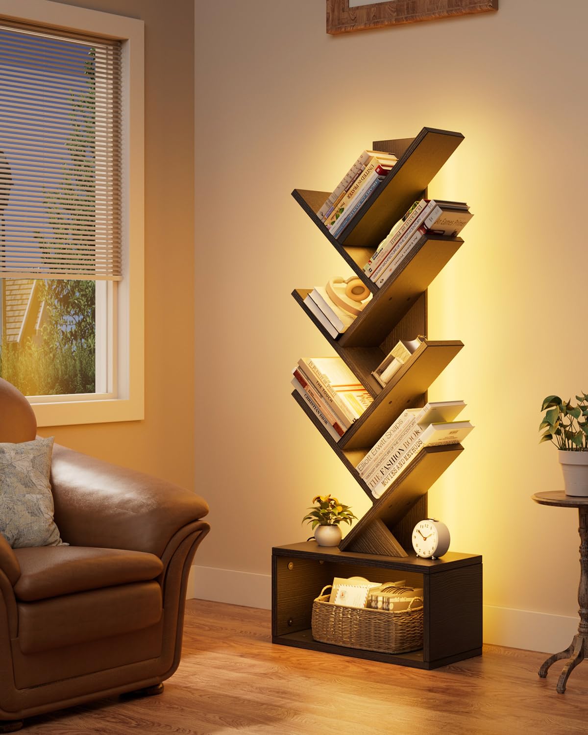 Evermagin 6 Tier Tree Bookshelf with Lights, LED Book Tree Bookcase with Storage Organizer, Small Corner Bookshelf Floor Standing Book Shelf for Living Room, Bedroom & Home Office, Black