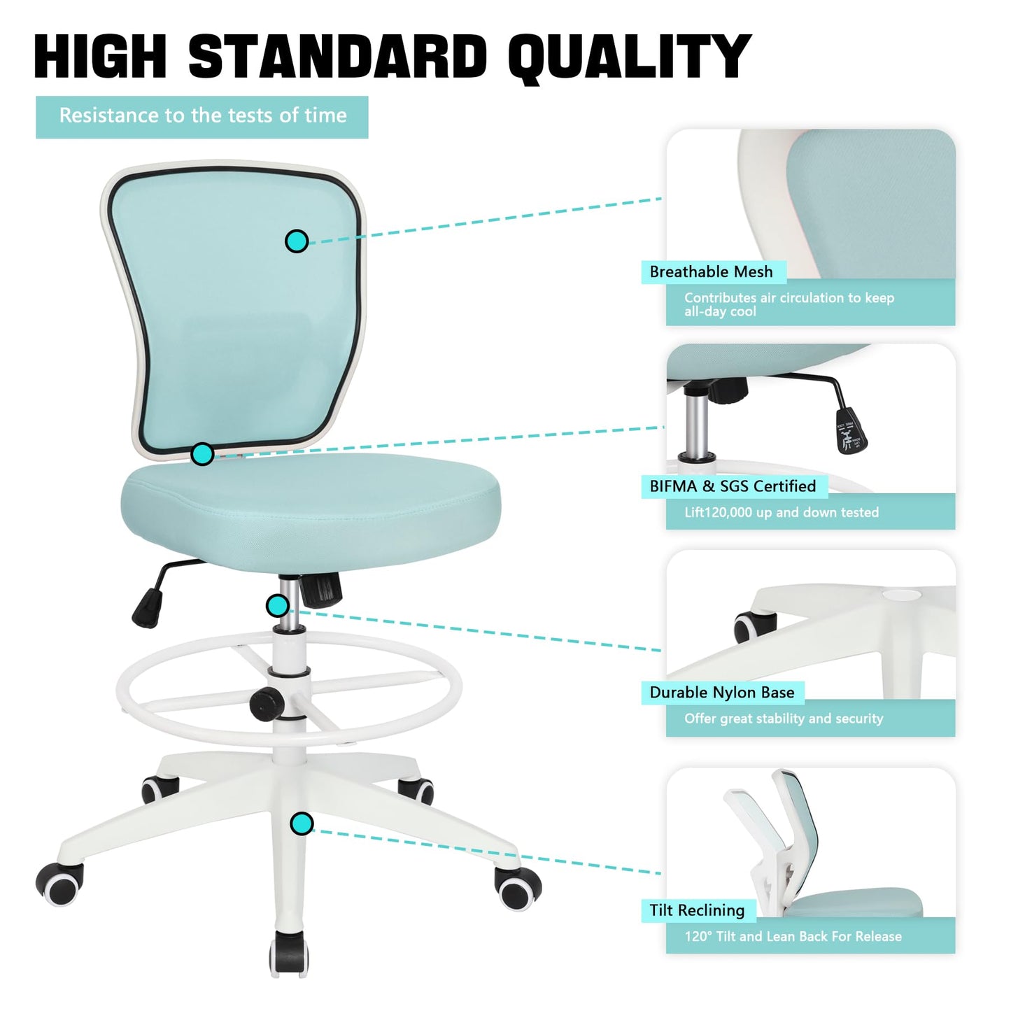 HYLONE Drafting Chair Adjustable Height Tall Office Chairs Standing Desk Chair Rolling Stool Chair Armless Office Drafting Chair Blue