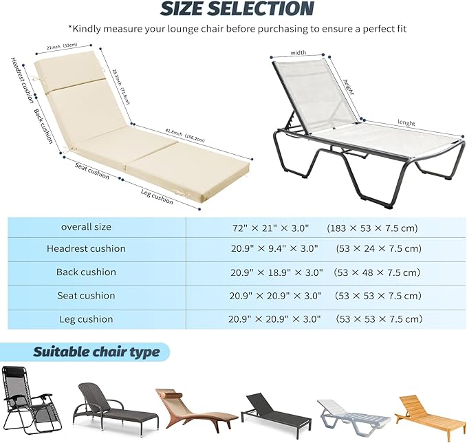 Outdoor Chaise Lounge Cushion 72" x 21" x 3", 4-Section Folding Patio Lounge