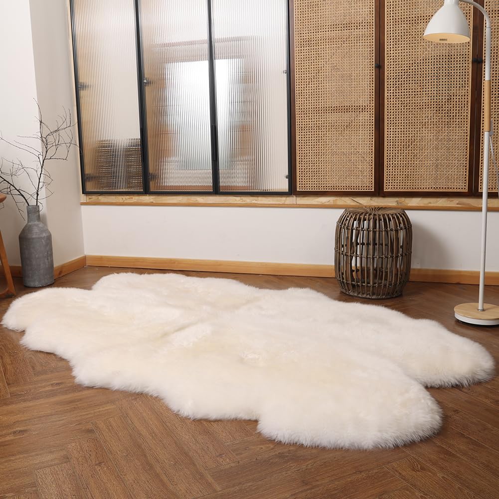 IRIWOOL Premium Genuine Fur Sheepskin Rug Real Australia Sheepskin Natural Luxury Fluffy Lambskin Fur Area Rug Seat Covers for Kids Bedroom Sofa Chair Cover (Creamy White, 4ft x 6ft)