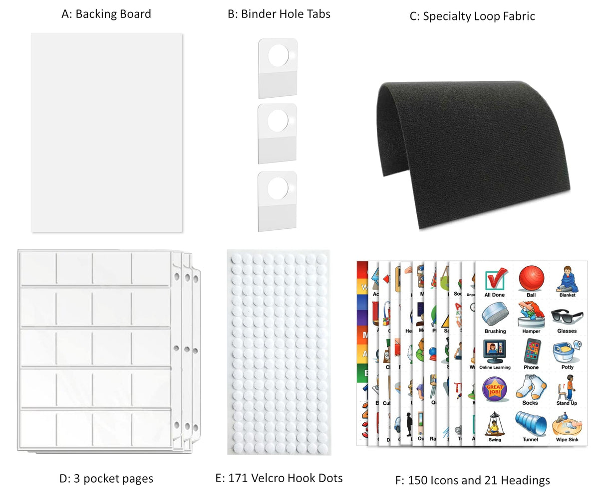 SchKIDules V-KIt - Portable, Binder-Ready Visual Schedule for Kids w/8.5x11" Backboard & 150 laminated Icons plus 21 Headings