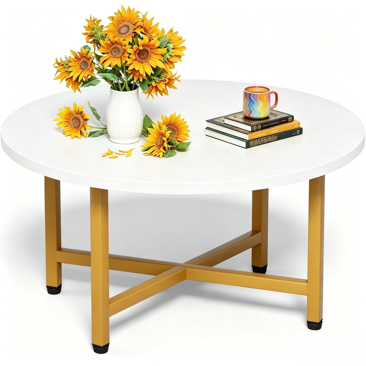 FURMORENE Coffee Table, 23.6" Small Coffee Tables, Gray Round Coffee Tables for Living Room, Floor Table for Sitting on The Floor, Center Coffee Table with Metal Frame for Office Apartment Home, Gold