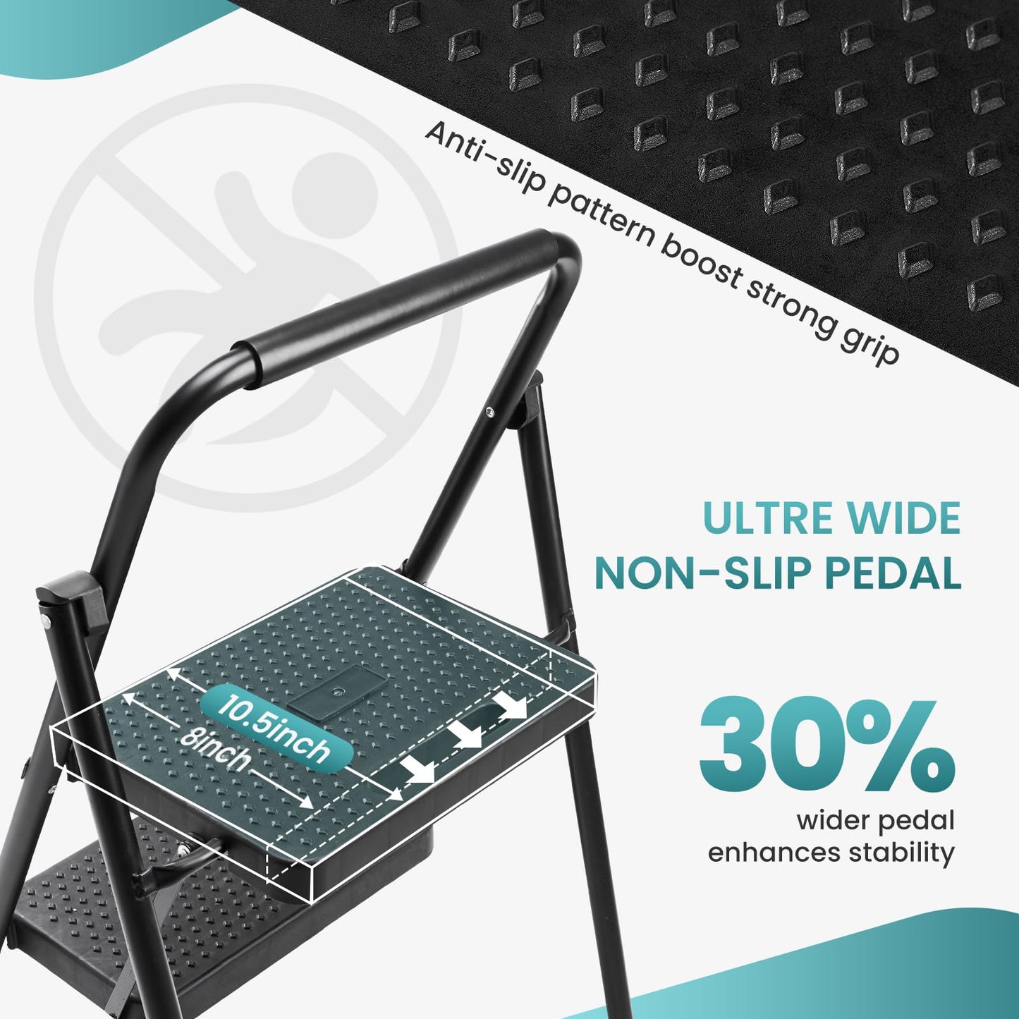 Smug Step Ladder, 2 Foldable Step Stool with Anti-Slip Pedal & Handrail