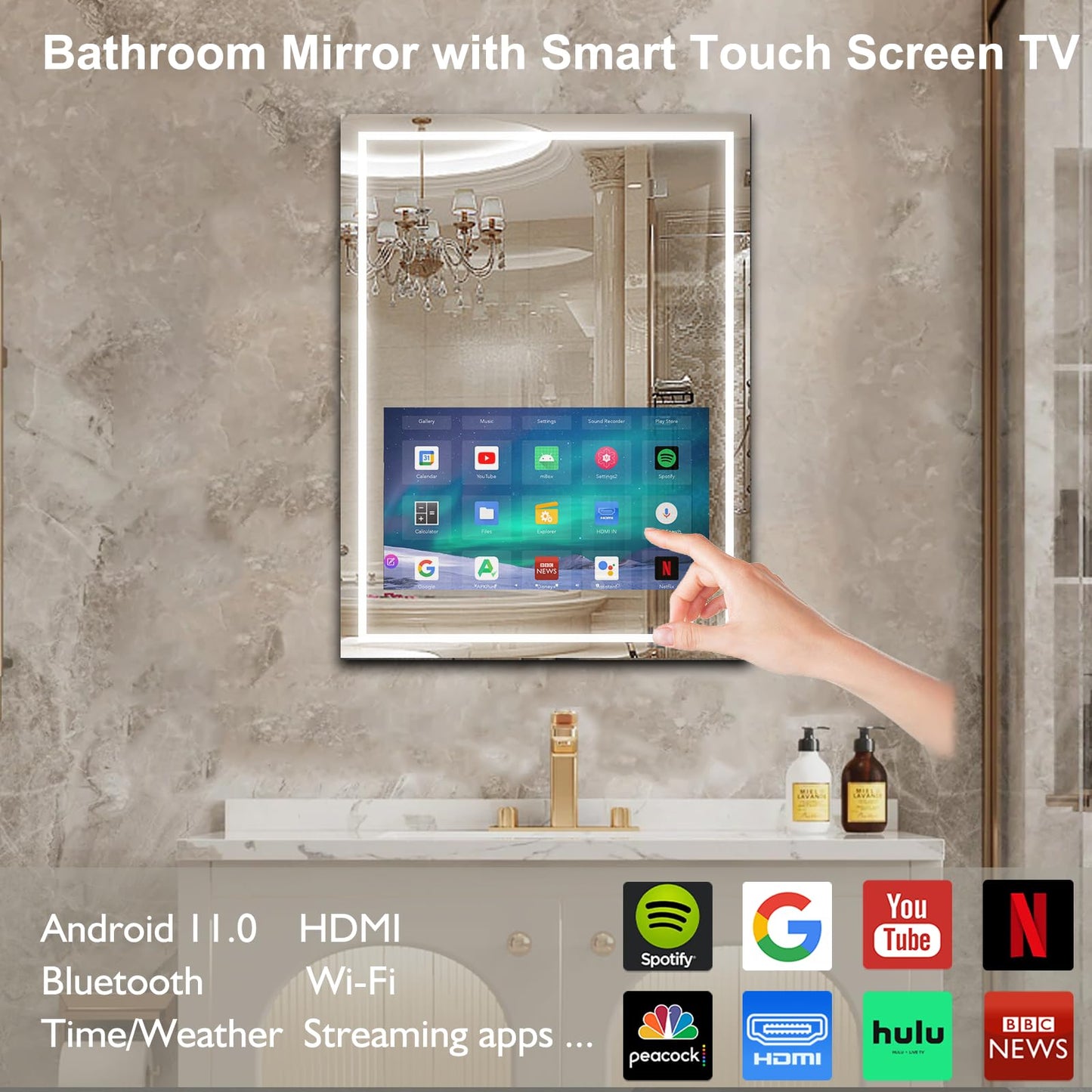 Haocrown 24x32 Inch LED Smart Bathroom Mirror with 21.5" Hidden Touchscreen, Android System, 3Colors Stepless Adjusted, Built-in Speakers, Clock & Weather, Anti-Fog, WiFi Bluetooth HDMI, Wall Mounted