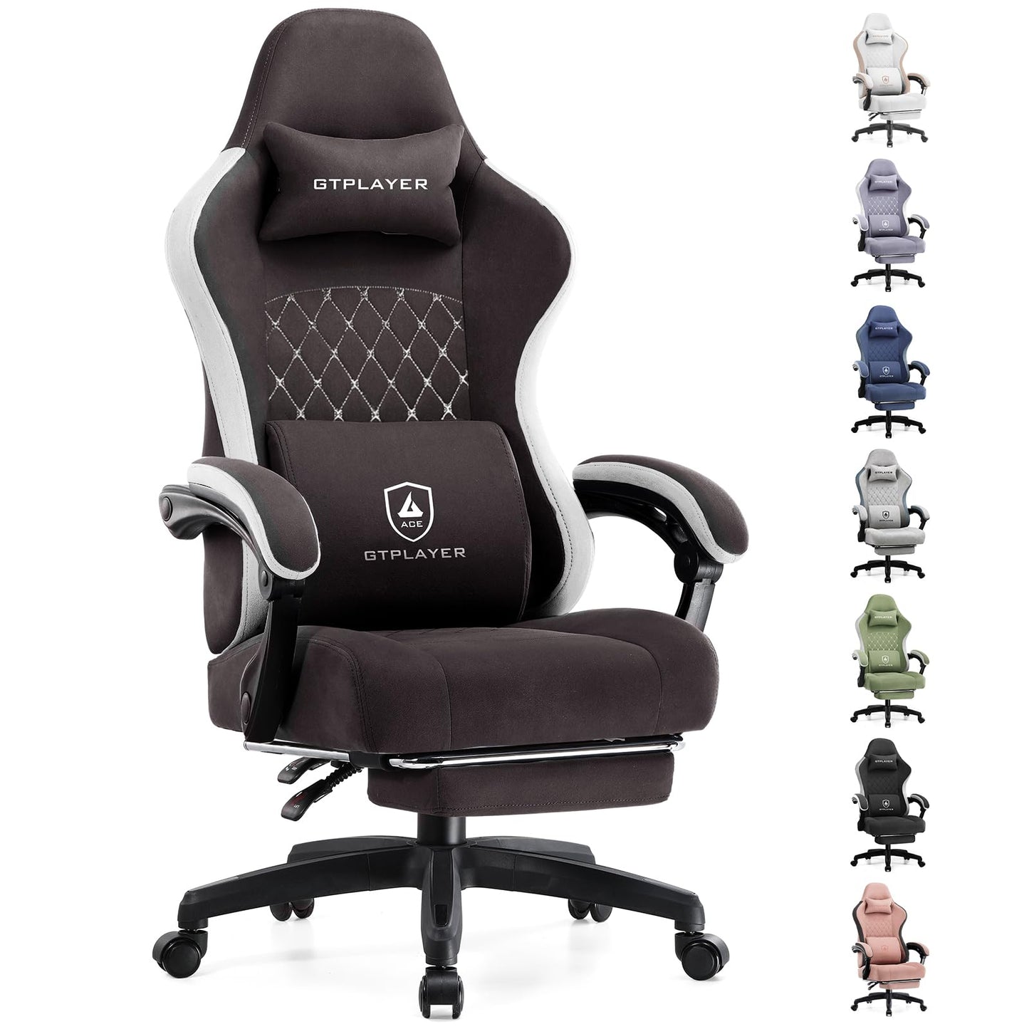 GTPLAYER Gaming Chair with Footrest Fabric Office Chair with Pocket Spring Cushion and Linkage Armrests, High Back Ergonomic Computer Chair with Lumbar Support Task Chair Brown