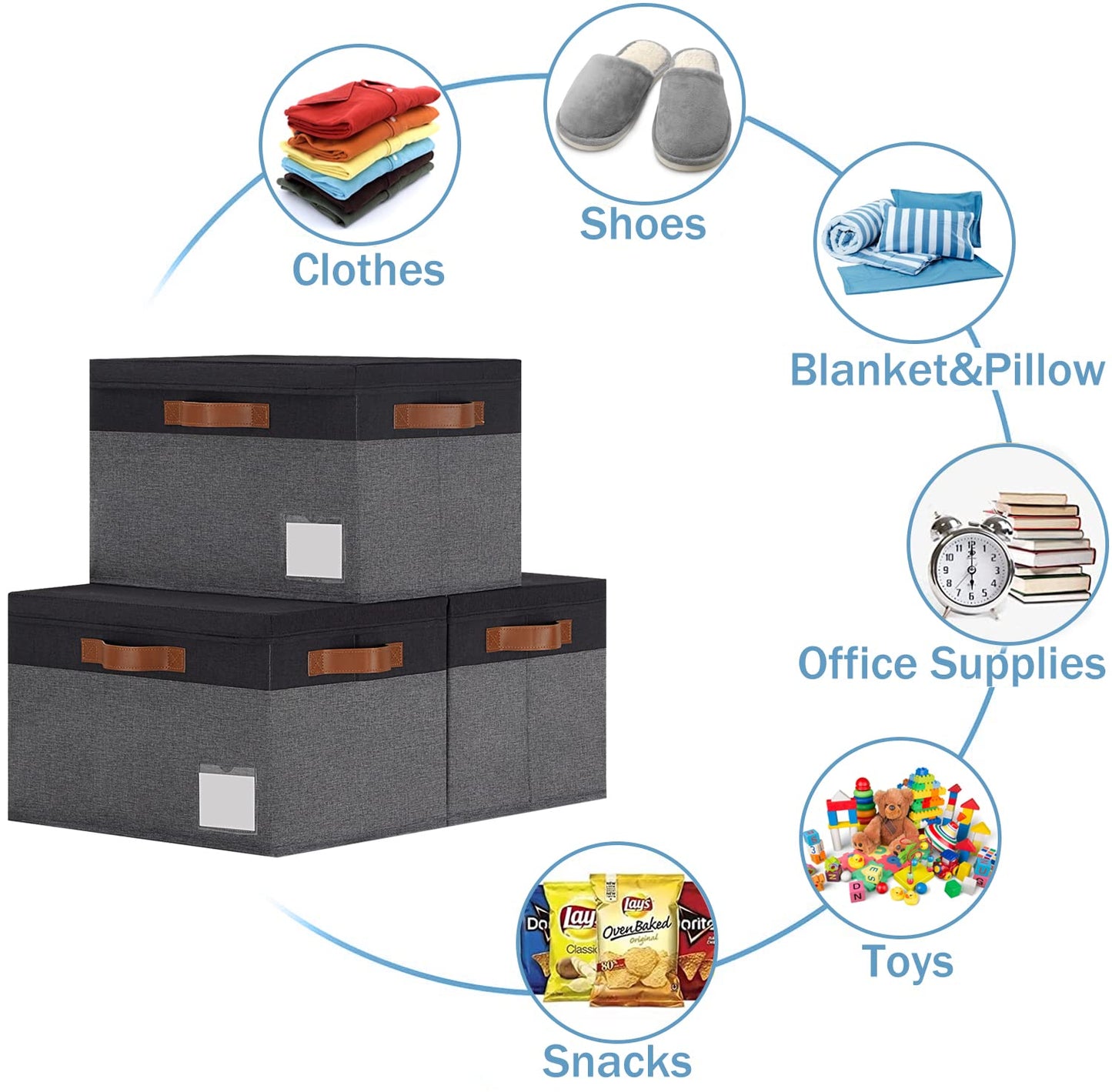 GhvyenntteS Extra Large Storage Bins with Lids, Foldable Fabric Storage Boxes with Lids and Handles, Storage Baskets with Lid and Label for Home Office (3 Pack, Grey&Black, 15.75" x 11.8" x 10.2")