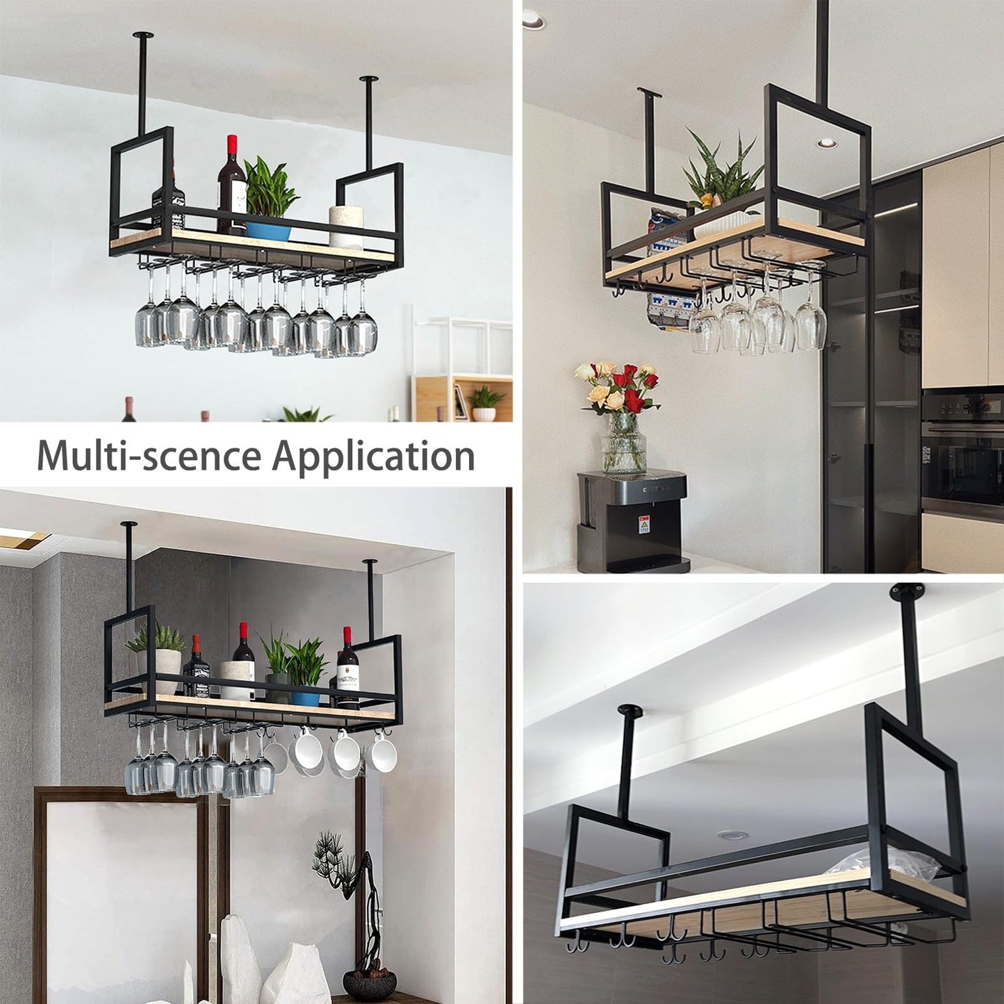 GYRHNNP Wall Mounted Wine Glass Holder - Metal Ceiling Hanging Wine Rack & Floating Bottle Shelf for Kitchen, Bar, Cafe - Stylish Storage Solution (Size: 100x30x60cm)