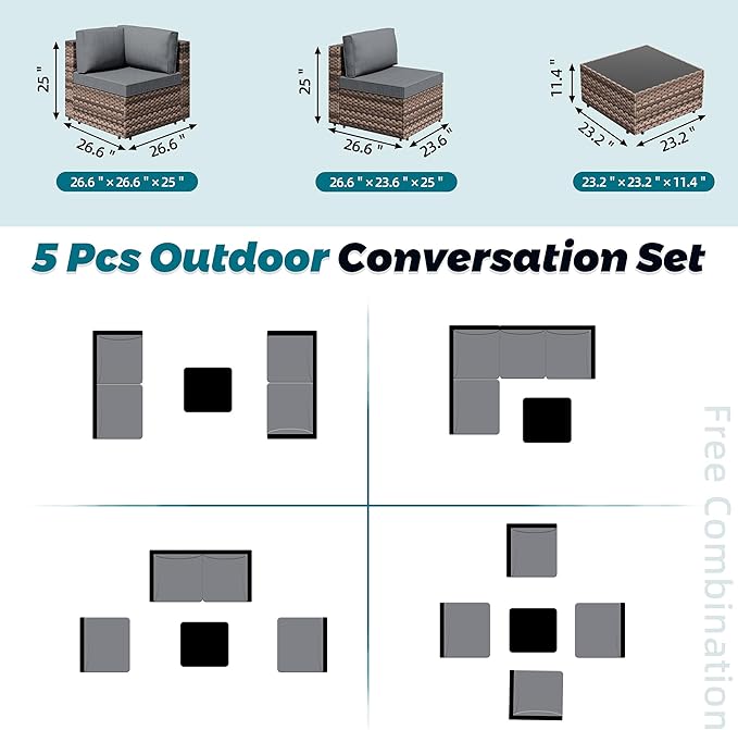 SUNLEI 5 Piece Patio Furniture Sets, Low Back All-Weather Rattan Sectional Sofa