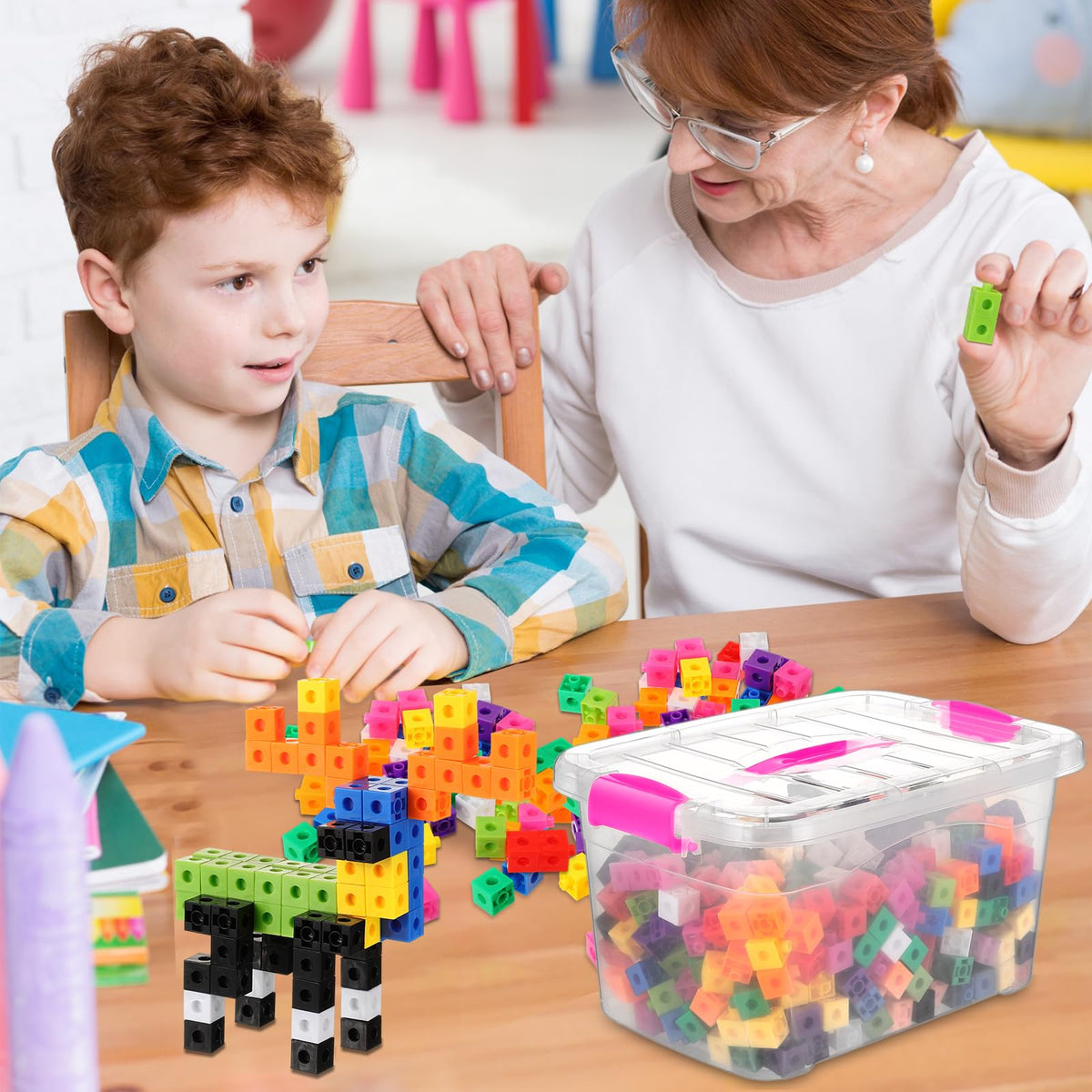 Jenaai 500 Pcs Math Learning Linking Cube with Storage Container Counting Cubes, Colorful Plastic Counting Blocks, Manipulatives Classroom Learning Supplies for Educational(Pink)