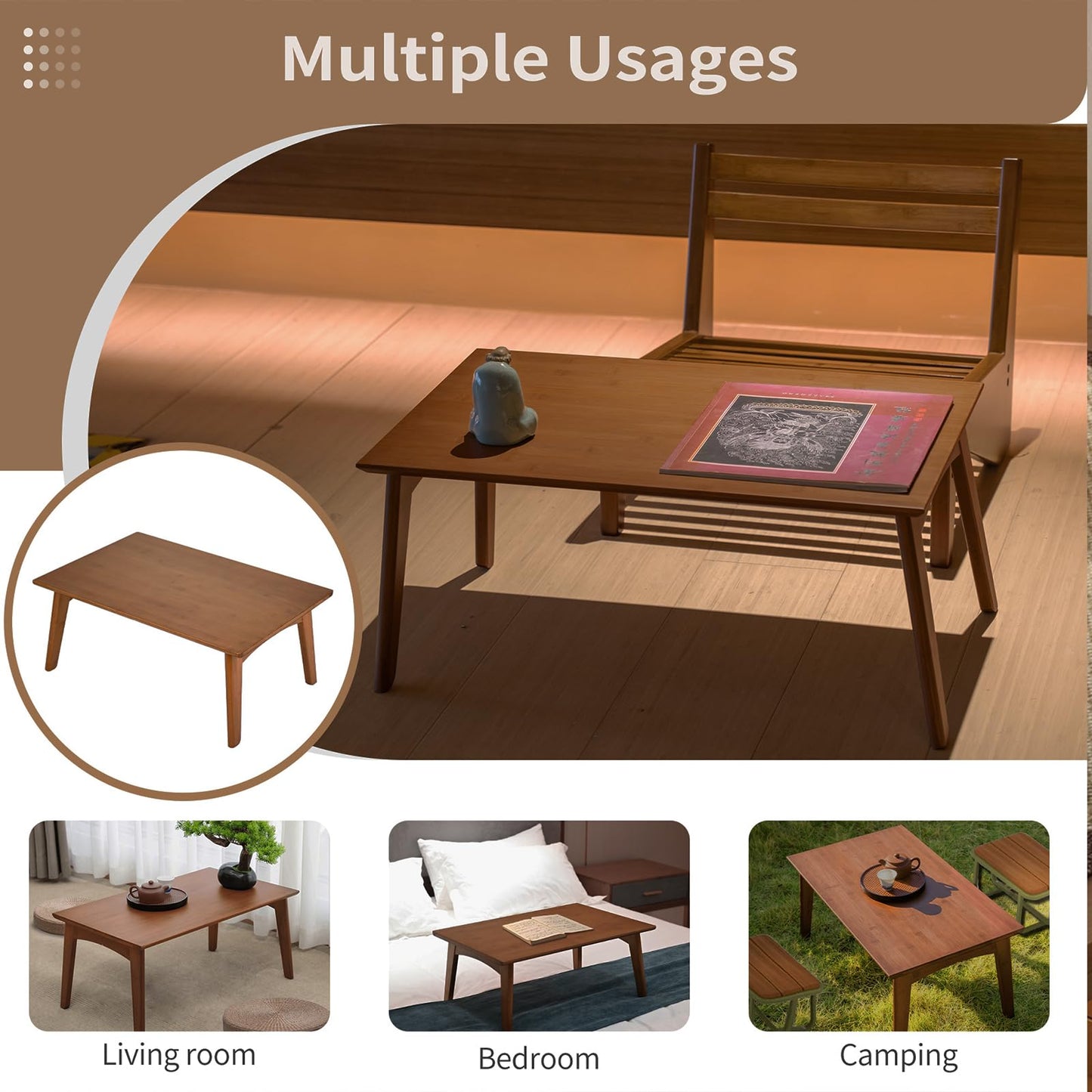 Kuabner Bamboo Folding Coffee Table, Japanese Low Desk, No Assembly Portable Furniture, for Dining Working Studying Relaxing, Walnut, 26 x 16 x 12 Inches