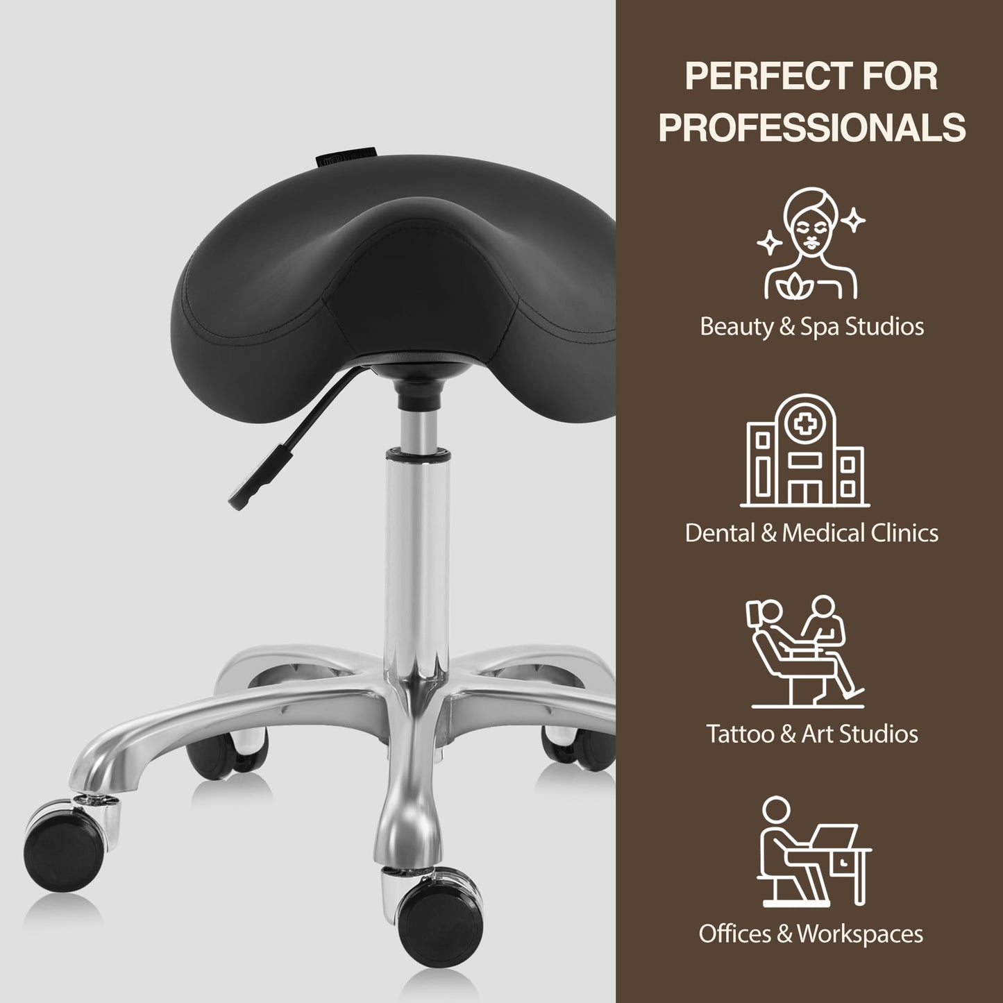 DR.LOMILOMI Ergonomic Saddle Stool, Adjustable Pneumatic Swivel Rolling Saddle Seat with Wheels for Hygienic, SPA, Salon, Home and Office, Haku 506 Series, Black