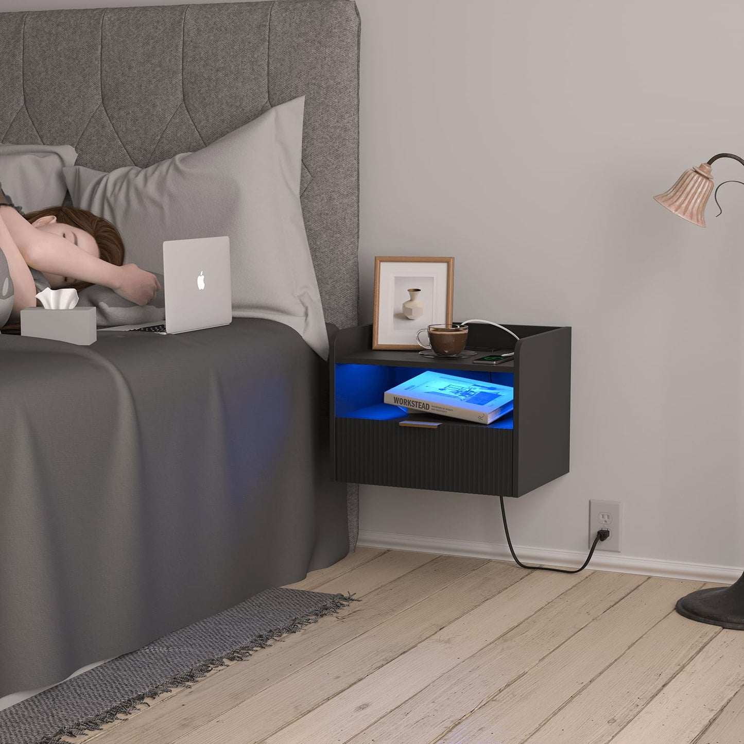 Veegle White Floating Nightstand with Charging Station and LED Lights (Black)