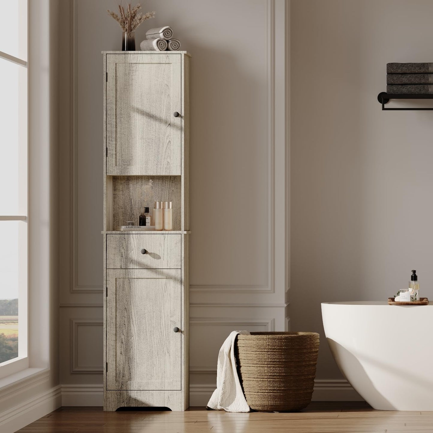 Viaozutis Tall Bathroom Cabinet, Storage Cabinet with 2 Doors & 2Drawer, with Ajustable Shelve, for Bathrooms, Kitchens,Entrances（Grey）