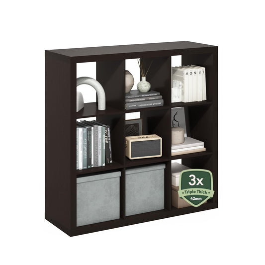Furinno Cubicle Book Shelf, 9-Cube Bookshelf, Triple Thick Frame Cube Storage Organizer, 1.65" Bookcase, 15.4" x 43.8" x 43.4", for Home Office, Living Room, Black Oak