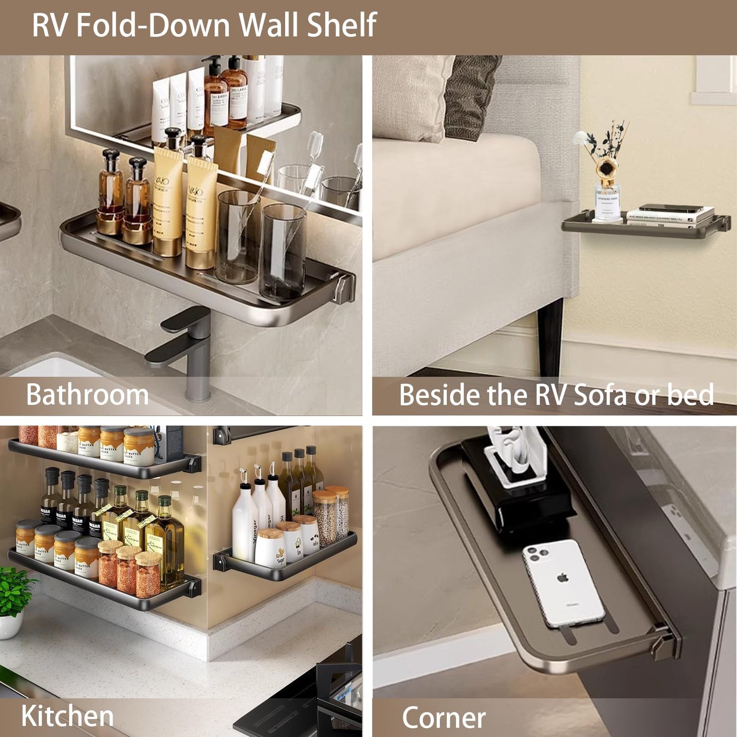 SWEAMTING RV Aluminum Foldabling Shelf-Hidden,Small Folding Wall Shelves for Bathroom,VR,Campers,Kitchen.90°Folding Shelves for Room Wall,Waterproof and Space-Saving Foldable Shelf for Bathroom (2)