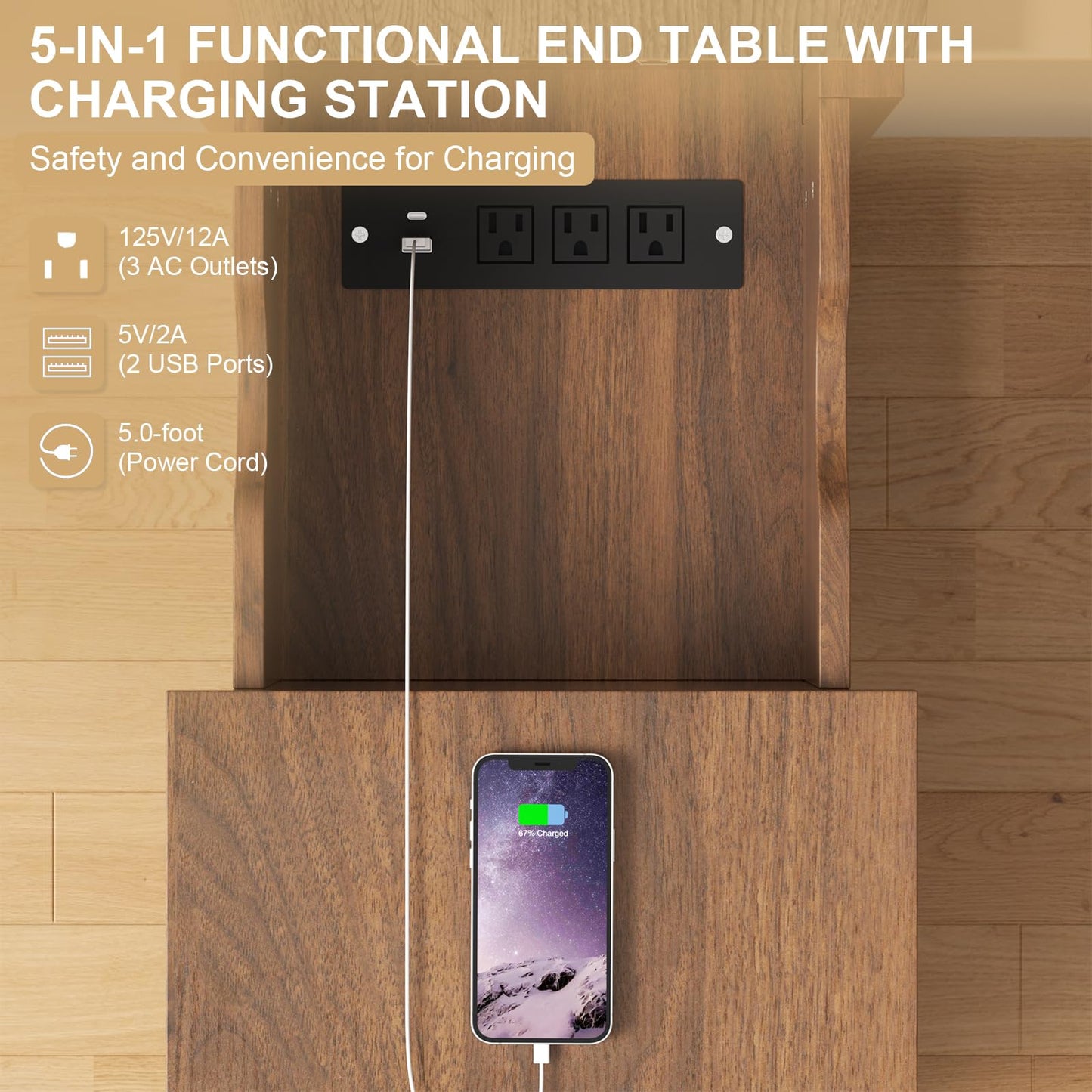 HSSZXFR End Table with Charging Station 24'' Nightstand with Charging Station Vintage Side Table with Storage Wooden Sofa Side Table and Outlets Bedside Table for Living Room Office Bedroom (Brown)