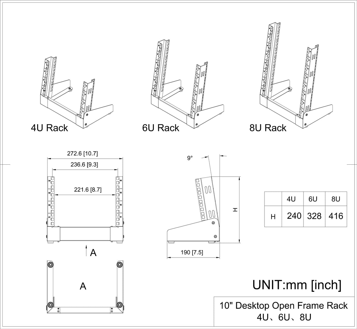 QiaoYoubang 8U Small Desktop Network Rack, 10 inch Mini Open Frame Desktop Cabinet for 10 inch Network, Servers, Audio, Video and Studio Equipment Free Standing Home Office Rack (8U)