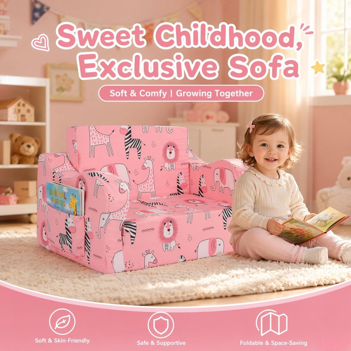 MOMCAYWEX Kids Sofa, 2-in-1 Flip-Out Foam Couch, Foldable Soft Play Lounge Chair, Pink