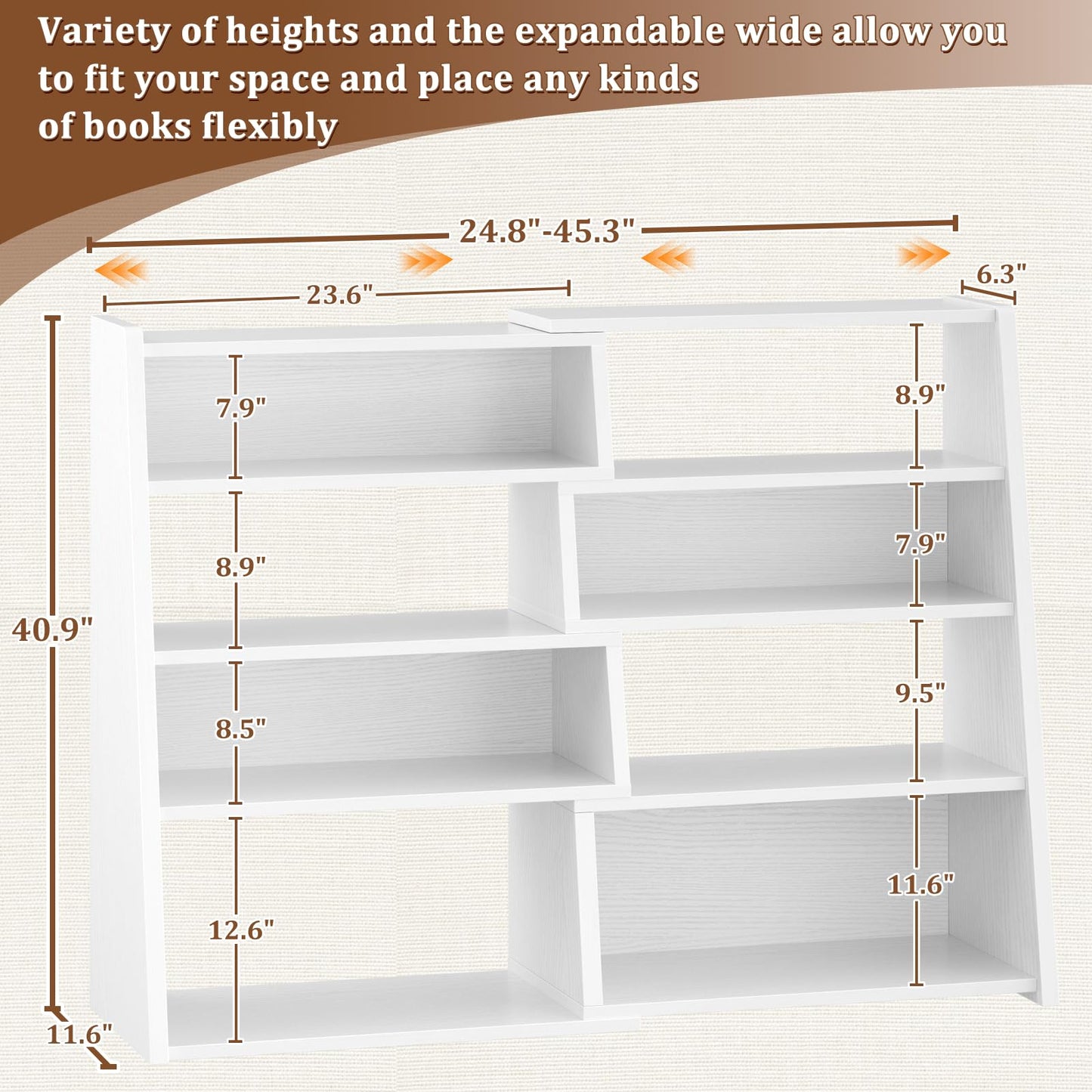 Armocity Expandable Bookshelf, Short Corner Bookshelf for Small Spaces, Small Ladder Book Shelf, Extendable Wood Narrow Bookcase for Living Room, Bedroom, 5 Tier, White