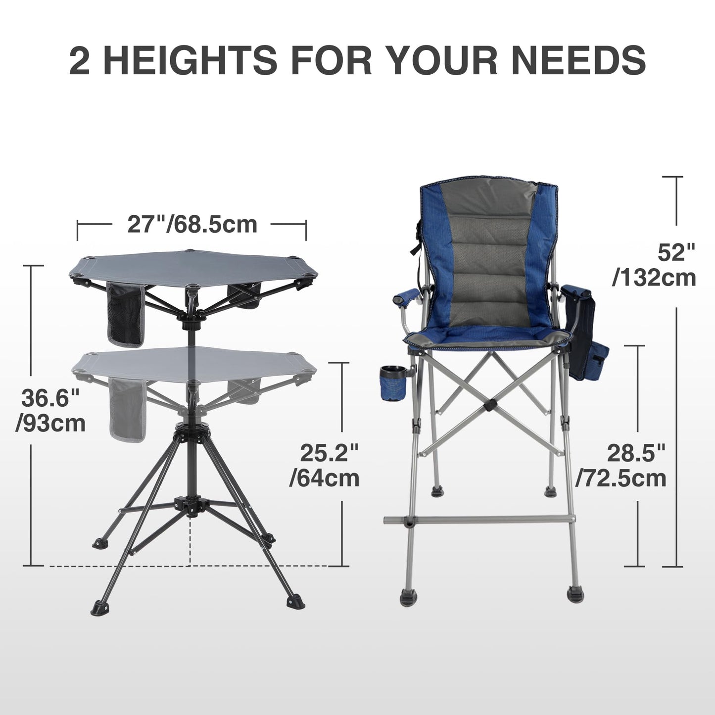 Stonehomy Extra Tall Folding Chairs 2 Pack & Adjustable Height Folding Table Set, Portable Outdoor Bar Table & Foldable Director Chairs with High Back and Storage Bag for Backyard,Beach,Travel