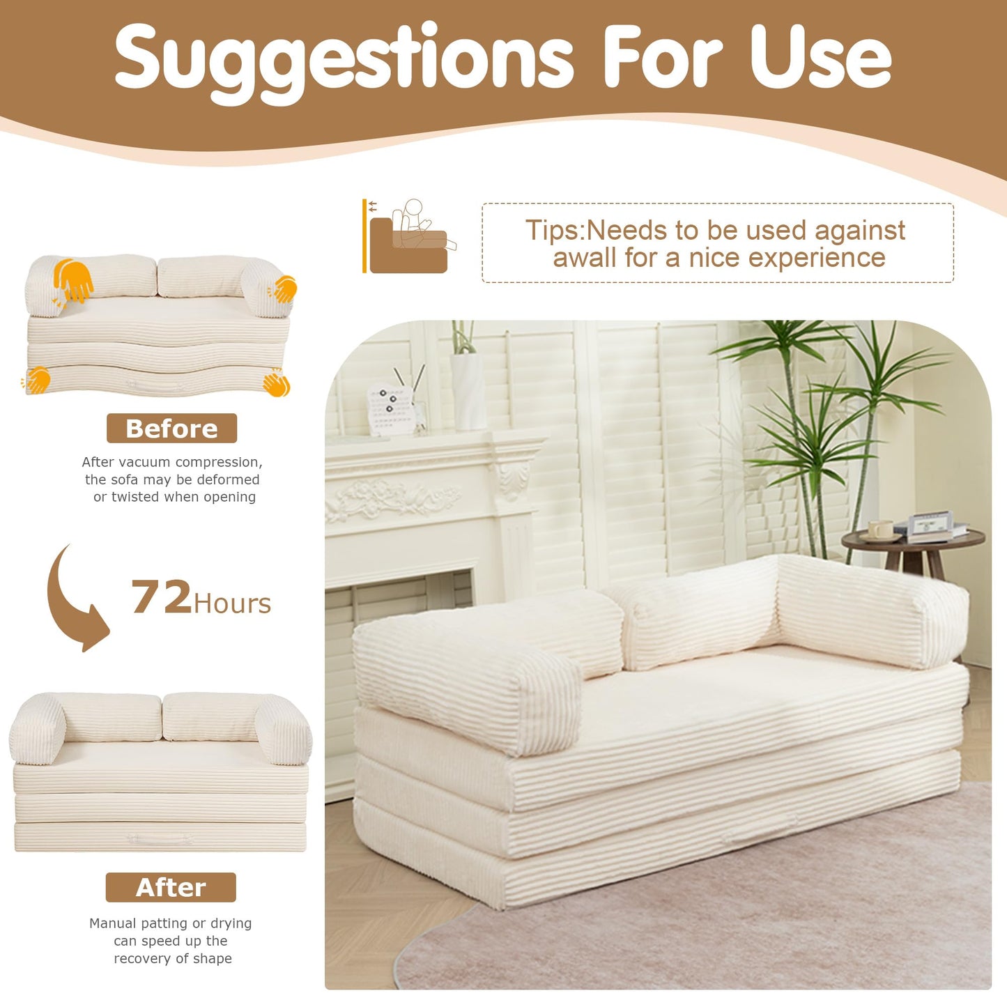 Convertible Sofa Bed Queen,5-in-1 Tri-Fold Boneless Couch with Removable Armrests & Handle,Corduroy Futon Sleeper Sofa,Floor Folding Mattress Pull Out Bed for Small Space Apartment Living Room Bedroom