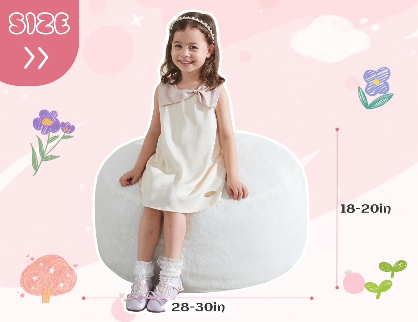 WSOFRLAC 2.5FT Bean Bag Chair, Cute Comfy Bean Bag Chairs for Kids, Luxury Velvet Stuffing Bags Chairs with Memory Foam Filling, Soft Beanbag Chair Cover Washable, Living Room Bedroom, Cream White