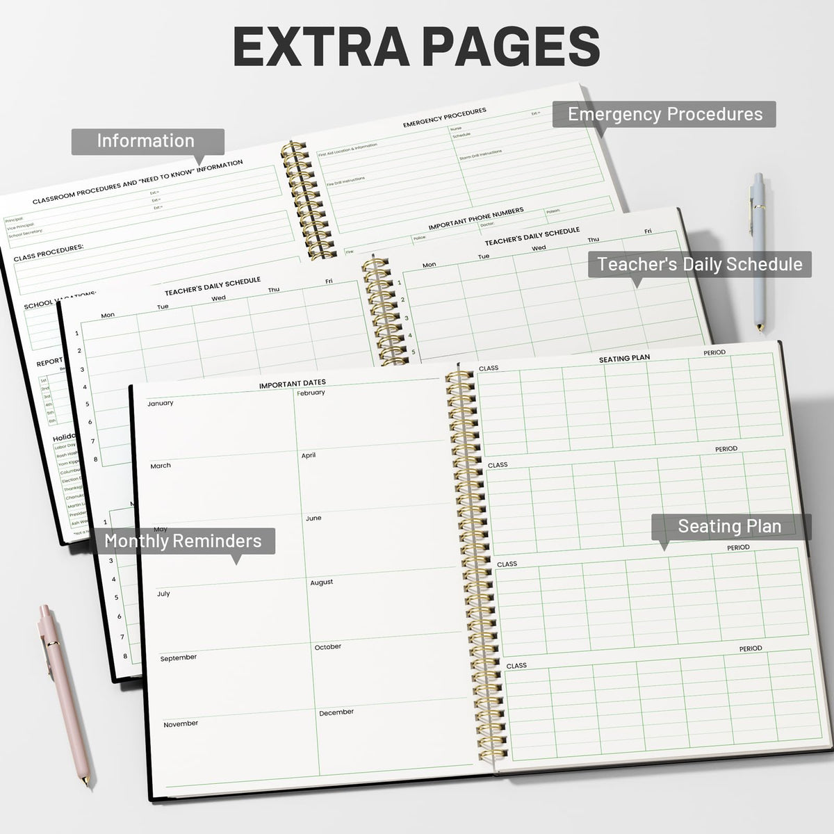 SUNEE 8 Period Teacher Lesson Plan Book - Days Vertically, Undated Teacher Planner 2026-2027 Academic Year, 8.5 x 11 Inch, 104 Pages/52 Sheets (40 Weeks), Waterproof Plastic Cover, Back Pocket, Black