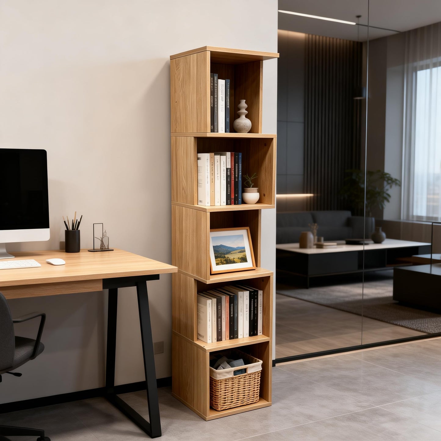 Enjoy Smart 5 Cube Bookshelf, Freestanding 5 Tier Open Display Shelf, Rustic Oak Texture Cube Storage Organizer with Eco-Friendly Melamine Surface for Home Office Bedroom Living Room Study, Oak
