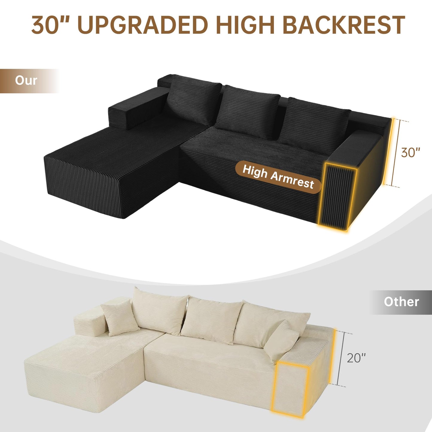 Nigoone 103" Sectional Couch for Living Room, Modular L Shaped Black Couches with Chaise, Large Minimalist Modern Deep Seats Boneless Sofa, Corduroy, No Assembly