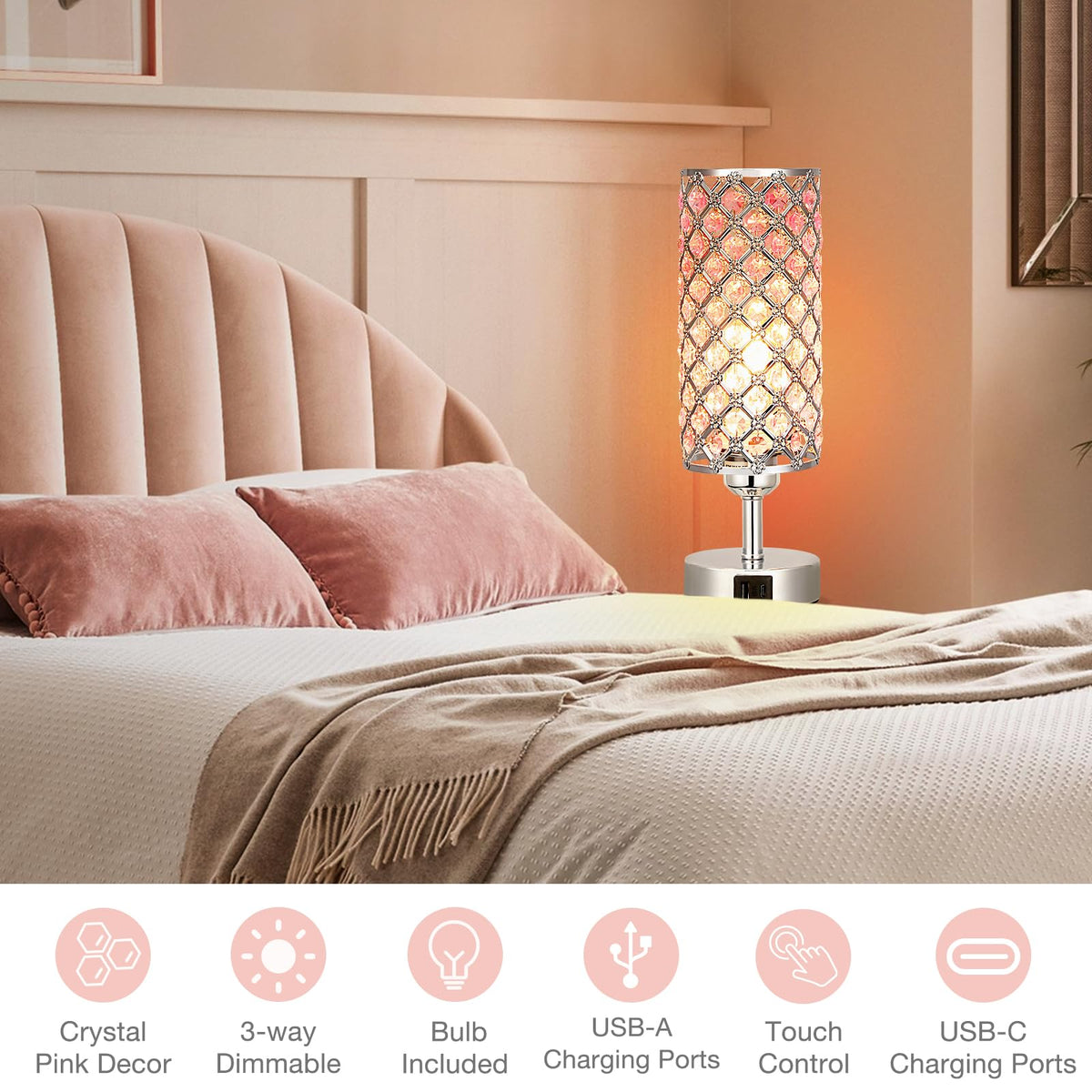 Hong-in Crystal Table Lamp, Pink Touch Lamp with USB C+A Ports, 3 Way Dimmable Bedroom Light with Crystal Shade, Bedside Nightstand Small Lamp for Girl Bedroom, Living Room(Buld Included)