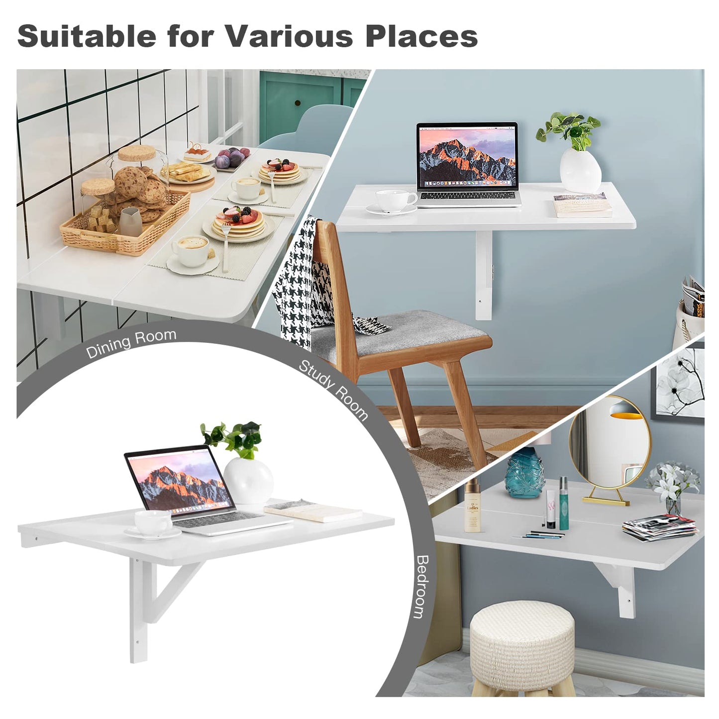 COSTWAY Wall Mounted Folding Table, 31.5" x 23.5" Drop-Leaf Floating Writing Desk for Small Spaces, Space-Saving Fold Down Laptop Workstation for Kitchen, Bedroom, Laundry Room, Study Room (White)