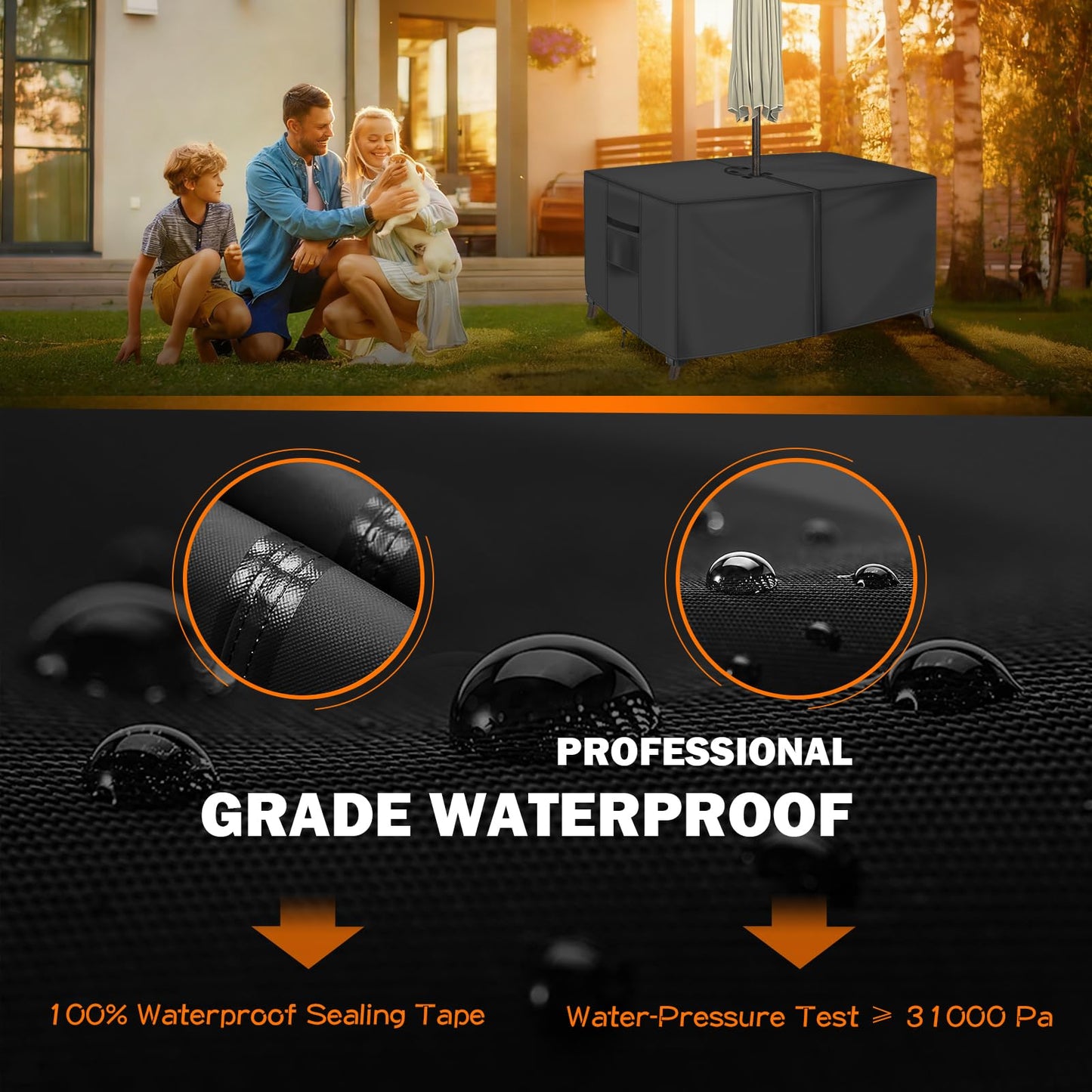 Rectangular Patio Table Cover with Umbrella Hole 72"L x 44"W x 23"H (COVER SIZE，NOT TABLE SIZE) Heavy Duty Waterproof Black Set Tarpaulins