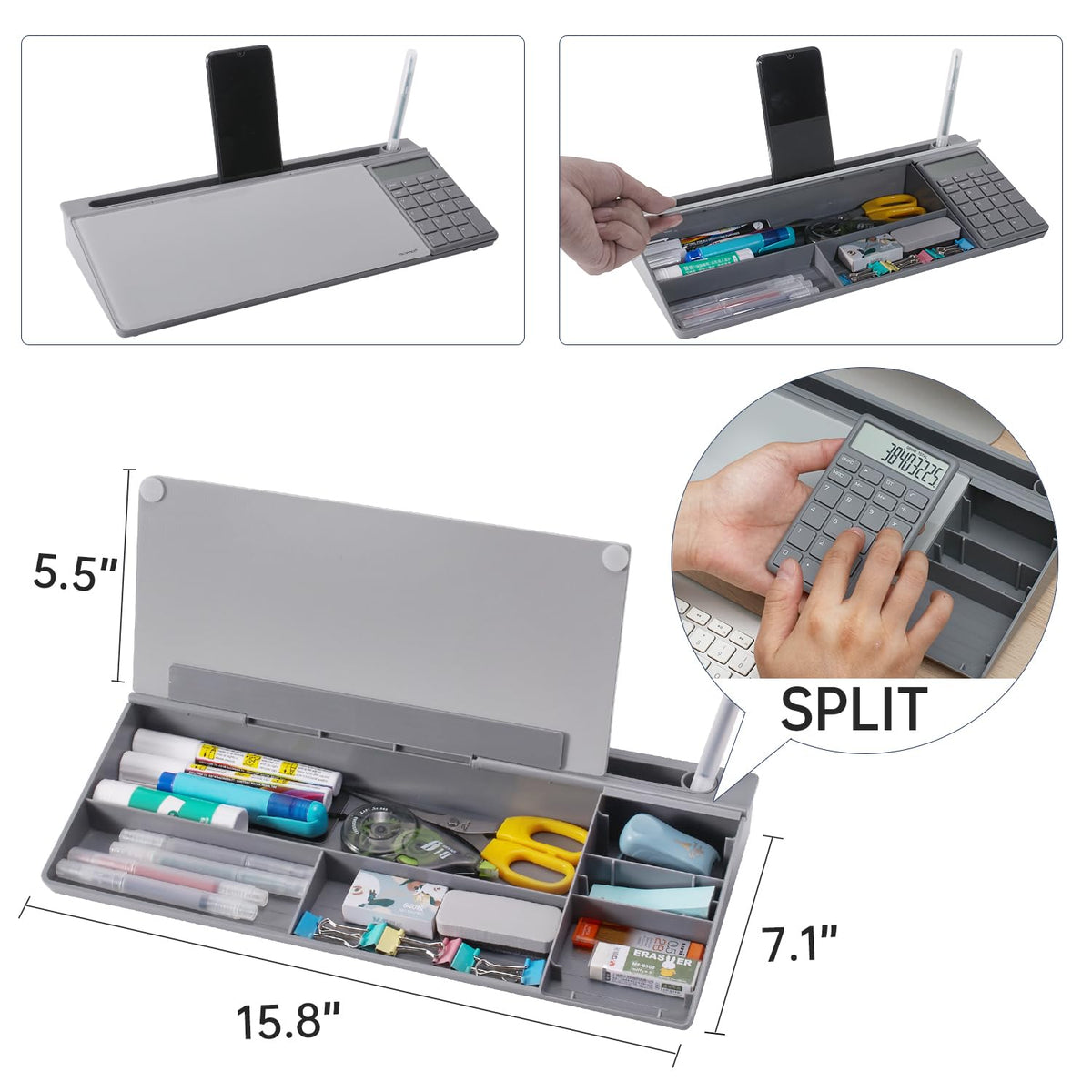Small Glass Desktop Whiteboard Dry-Erase-Board - Computer Keyboard Stand with Calculator White Board Surface Pad with Drawer, Desk Organizers with Accessories for Office, Home, School Supplies - Grey