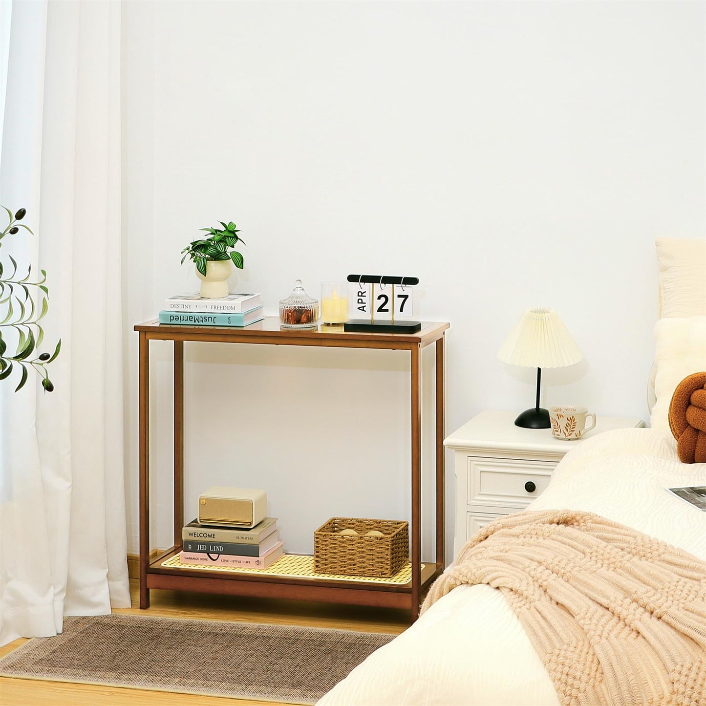 Mordchil HF Bamboo Narrow Console Table, 31.5"(L) Wood Small Entryway Table with Rattan and Glass, Accent Slim Hallway Tables, Thin Sofa Side Tables for Hallway, Living Room, Bedroom, Foyer, Walnut