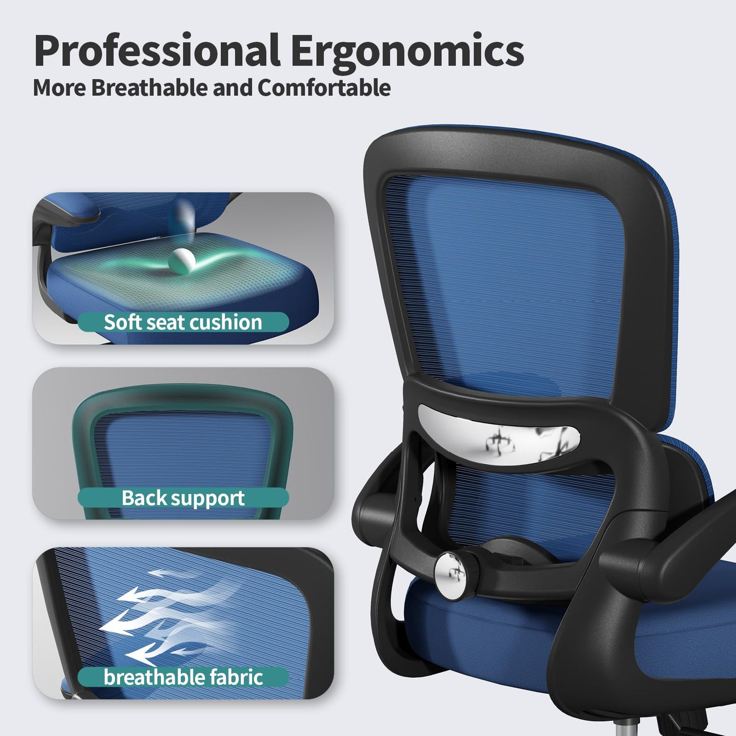 TRALT Office Chair - Ergonomic Desk Chair with Adjustable Lumbar Support, Mesh Computer Chair, Executive Chairs for Home Office Comfortable Lumbar Support (Deep Blue)