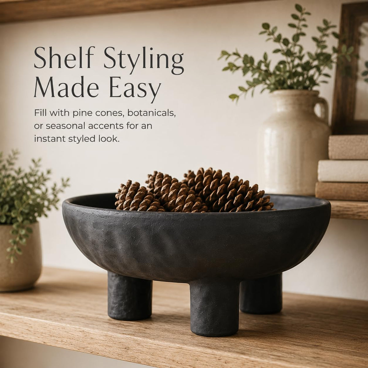 Parlamain Black Concrete Decorative Bowl, 12 Inch Large Footed Bowl for Home Decor, Heavyweight Pedestal Bowl, Matte Black Centerpiece Bowl for Coffee Table, Shelf, Console, Entryway, Outdoor Styling
