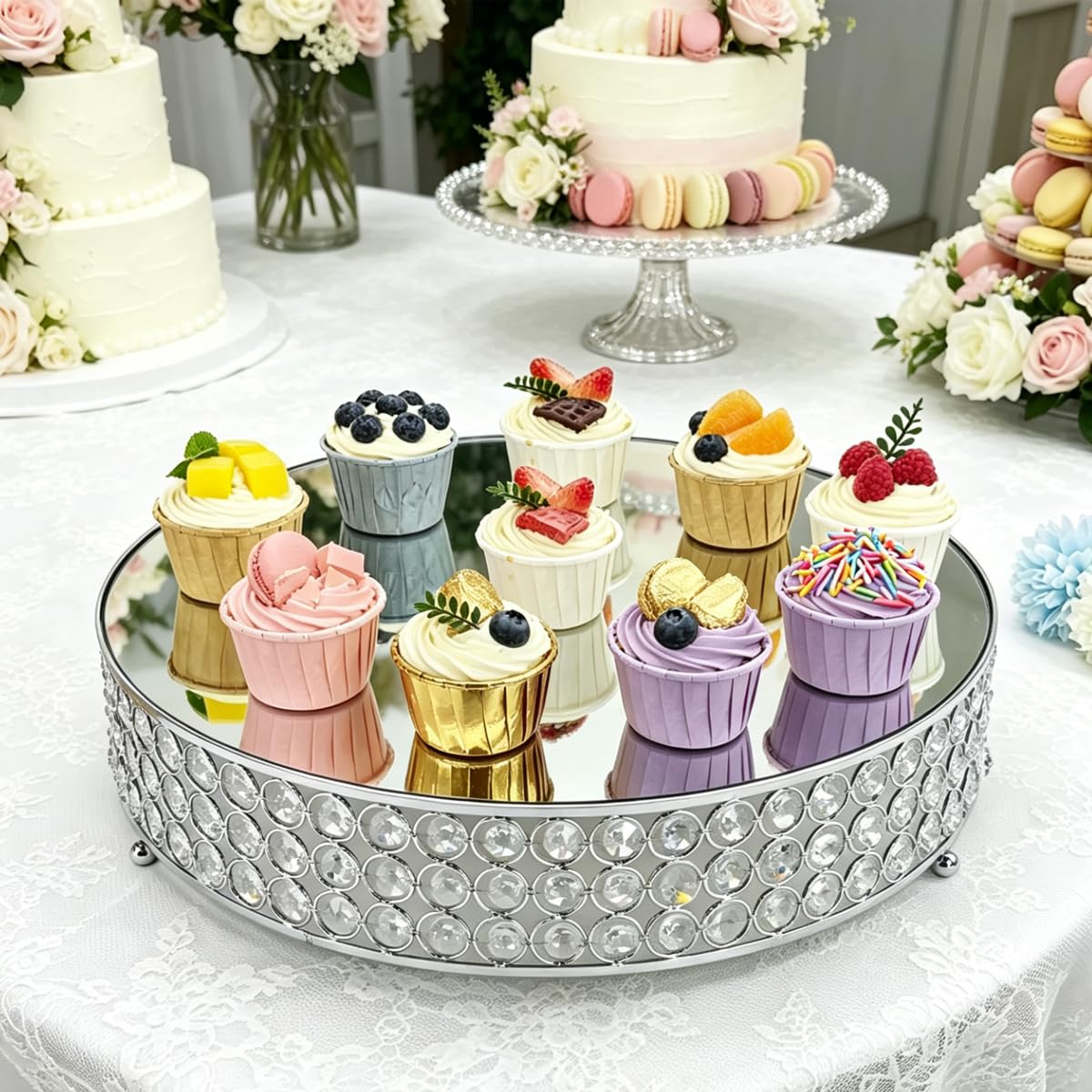 FEICTPOX Metal Cake Stand with Beaded Crystal Display Cake Pedestal,Baking Party Supplies Centerpiece,Silver 16 Inch